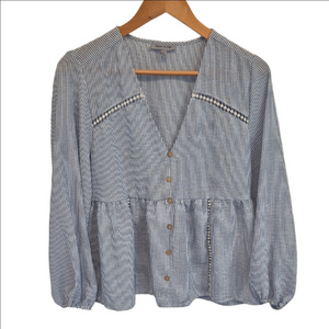 Floral & Ivy Blue Striped Peplum Blouse with Button Detail